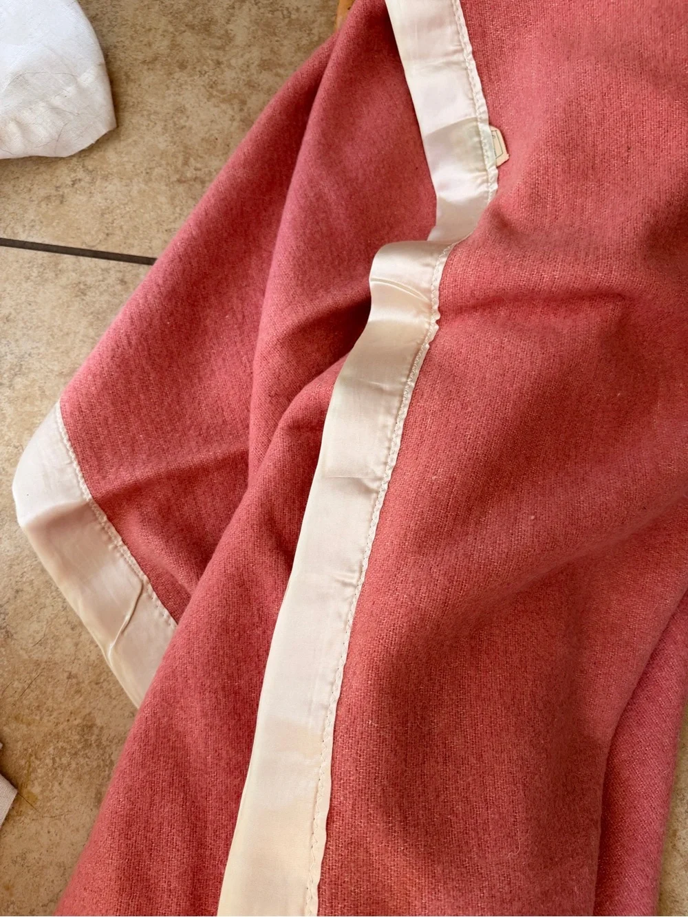 Vintage Cannon Pink Wool Blanket Satin Trim 65x79 Mid Century Bedding